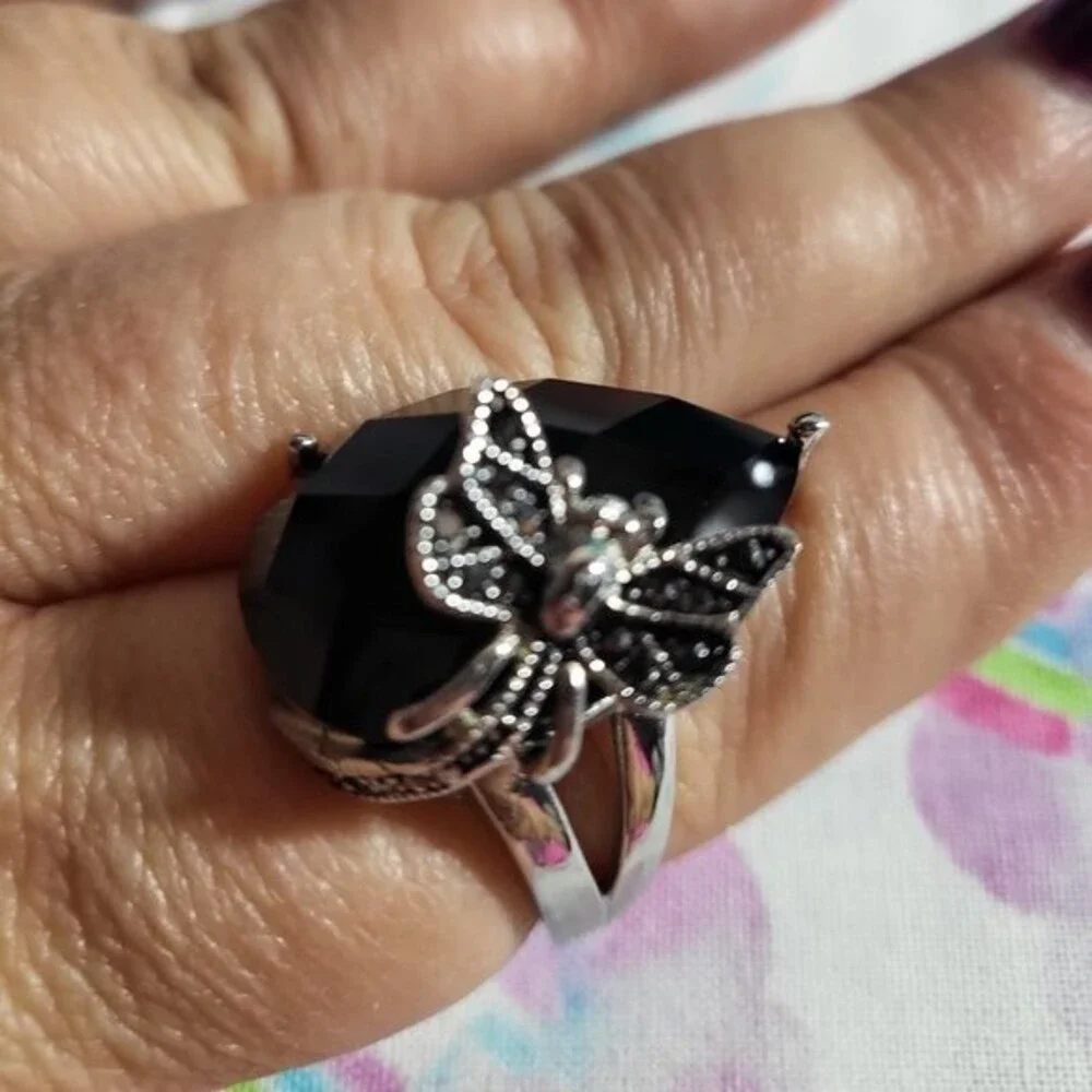 Black Agate/ Hematite Butterfly Stainless Steel Ring